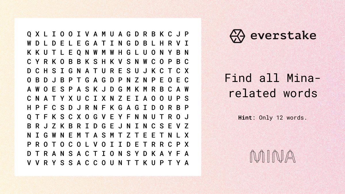 DariaEverstake's tweet photo. Heeey, #Mina friends! 🪶

Decided to defuse your Friday with a new quiz, hope you like it!

Well, the rules are simple as usual - the first one who finds all the @MinaProtocol-related words will get a prize from me ⚡️ https://t.co/S6KW8GvR4L