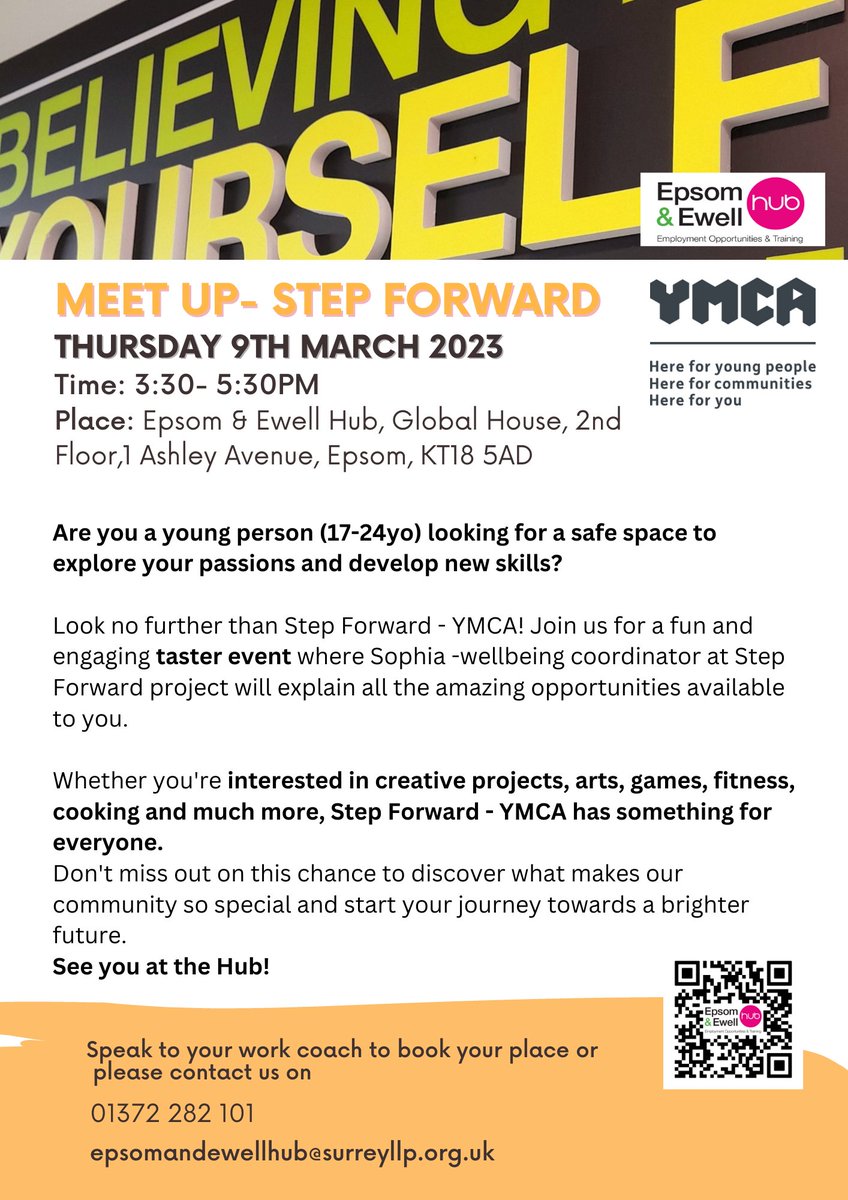 EpsomEwellHub's tweet photo. Young people aged 17-24! Join us for a taster event at the Epsom &amp; Ewell Hub, hosted by Step Forward-  @YMCAEastSurrey on March 9th from 3:30-5:30PM. 
Meet Sophia, wellbeing coordinator and discover opportunities available to you. Contact us to book your place! #StepForwardYMCA https://t.co/Y8GJgQMlJA