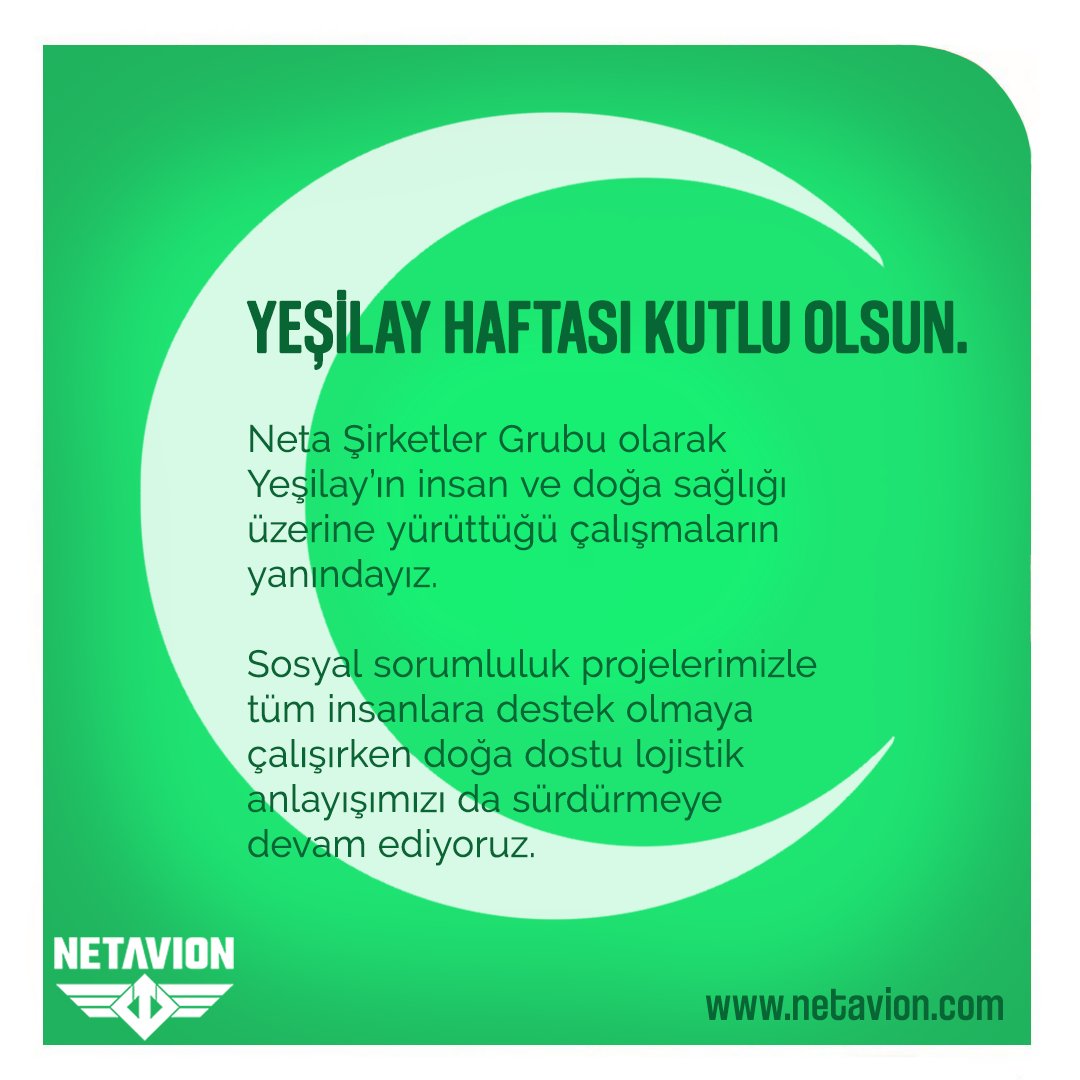 YEŞİLAY HAFTASI KUTLU OLSUN.

Neta Şirketler Grubu olarak Yeşilay'ın insan ve doğa sağlığı üzerine yürüttüğü çalışmaların yanındayız.

Sosyal sorumluluk projelerimizle tüm insanlara destek olmaya çalışırken doğa dostu lojistik anlayışımızı da sürdürmeye devam ediyoruz.