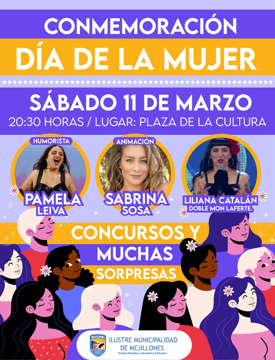 Invitamos a toda la comunidad a participar del evento de cierre de la semana de conmemoración de la mujer.

Te esperamos el sábado 11 de marzo desde las 20:30 horas en la Plaza de la Cultura sector capitanía de puerto.
