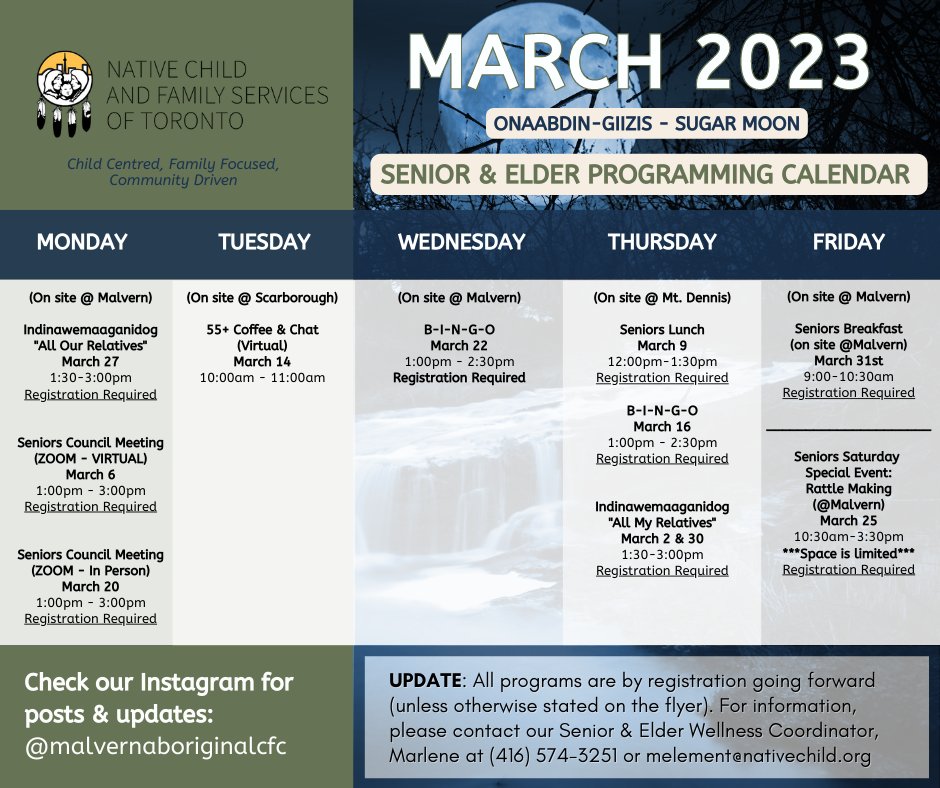 Attention Seniors &amp; Elders! The month of March program calendar is here for the Sugar Moon!

To join these interactive activities, register with Marlene at (416) 574-3251 or melement@nativechild.org

#NCFST
#IndigenousCommunity