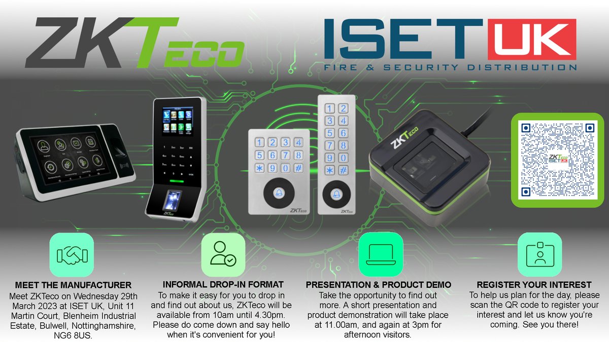 ISET_UKFSD's tweet photo. We're hosting a #ZKTeco demo day on WEDNESDAY 29TH MARCH! 
The amazing folks at ZKTeco will be on our trade counter all day showcasing their range of access control products, meeting our customers and answering any questions you may have regarding anything ZKTeco! https://t.co/Q1TnphBqqu