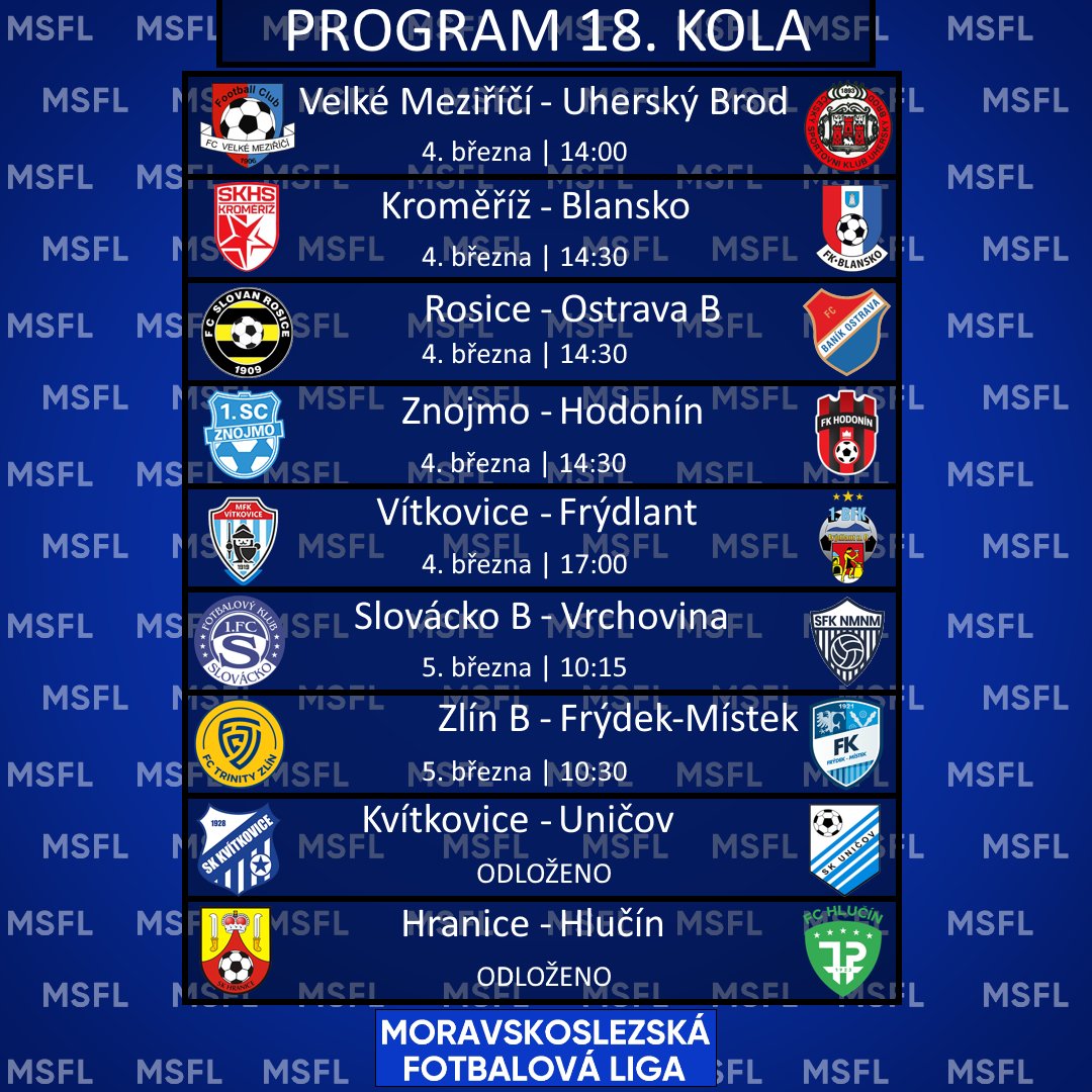 MatyMaterna's tweet photo. 📅 | Takto vypadá víkendový plán na Moravskoslezsku.
❗ Utkání mezi Kvítkovicemi a Uničovem, Hranicemi a Hlučínem se odkládají na duben. https://t.co/gA8C6FLayZ