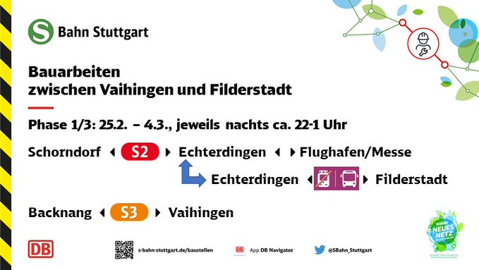 SBahn_Stuttgart's tweet photo. 🚧#Drandenken #Bauarbeiten🚧
Am Wochenende wird wieder ordentlich gebaggert im S-Bahn-Netz 🏗️
ℹ️ Bitte informiert euch. Details🔽
https://t.co/C8B5jjhHxc ( #S1 & #S2 tagsüber)
https://t.co/0k0XFzdiMr (#S2 & #S3 nachts)
https://t.co/bNt9mfzVal (#S4 & #S5 tagsüber) https://t.co/iUpL2j5BUg