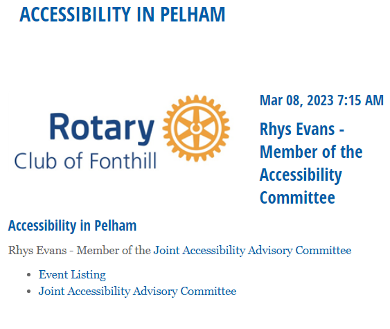 fonthillrotary's tweet photo. #RotaryThisWeek!  Guest Speaker Rhys Evans on #Accessibility in Pelham
Wednesday March 8, 2023 at 7:15am
Events Calendar:
https://t.co/uO1LUM0Ul9
#JoinUsAtRotary #RotaryClubofFonthill
#TagtheSpirit #Rotary7090 #RotaryZone28 #ImagineRotary https://t.co/PB53yDTMIH