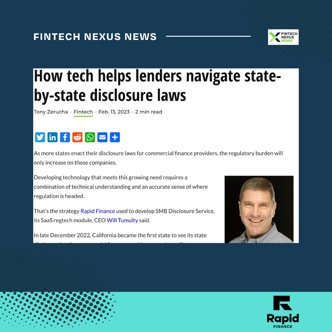 Rapid Finance (@rapidfinanceusa) on Twitter photo Our CEO Will Tumulty spoke with <a href="/Fintechnexus/">Fintech Nexus</a> to discuss our SMB Disclosure Service.
🔵 Check out the full article below
🔵 spr.ly/60173tpDS
#rapidfinance #SMBs #fintechnexus #smallbusinessowners Our CEO Will Tumulty spoke with <a href="/Fintechnexus/">Fintech Nexus</a> to discuss our SMB Disclosure Service.
🔵 Check out the full article below
🔵 spr.ly/60173tpDS
#rapidfinance #SMBs #fintechnexus #smallbusinessowners