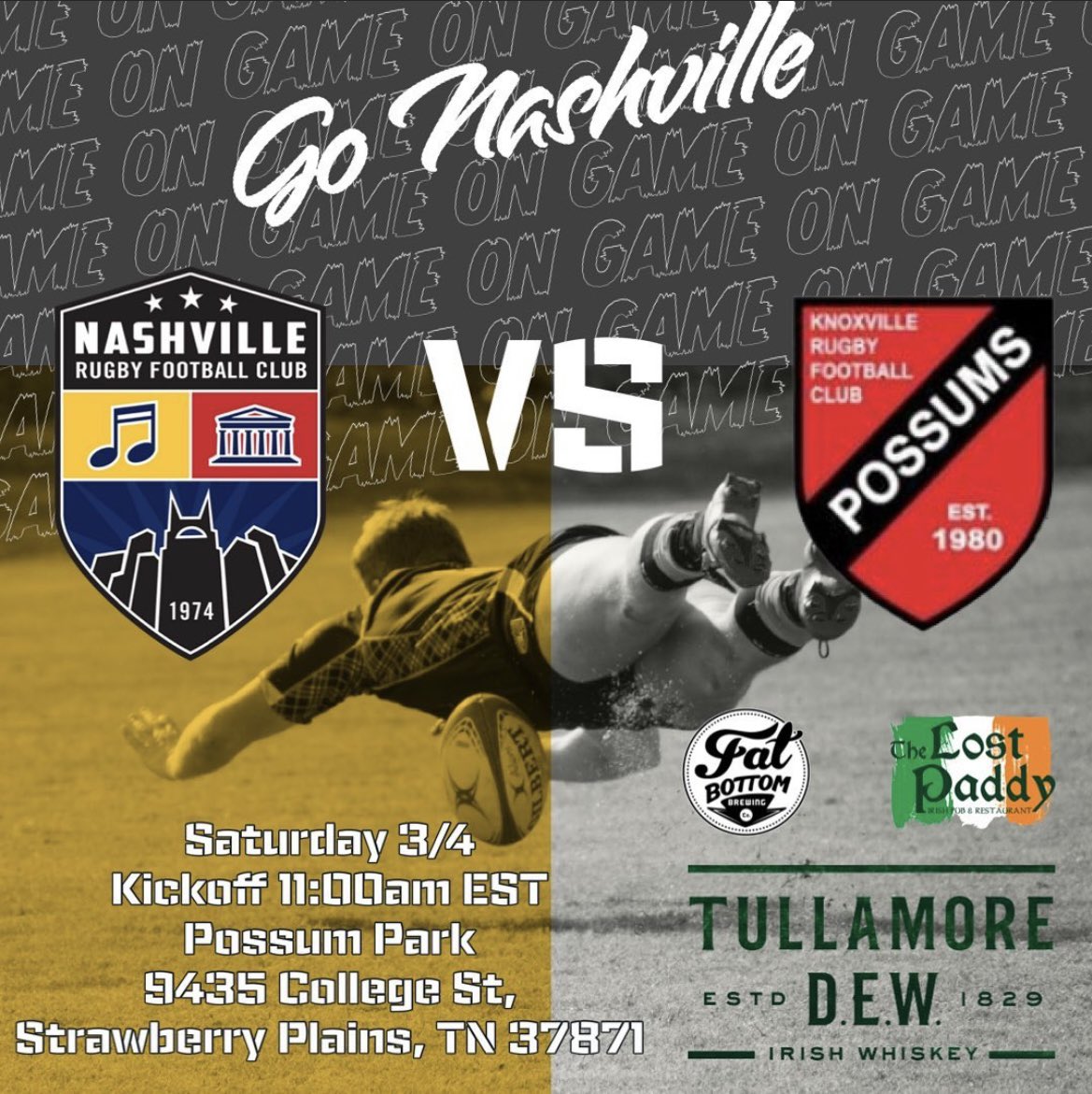 Game day is almost here and we can't wait to take on @knoxvillerugby tomorrow at 11:00 am at Possum Park! 

Our team has been working hard all week to prepare for this match, and we're ready to give it our all on the pitch. 

Come support us on the road! 

#NashvilleRugby #Rugby