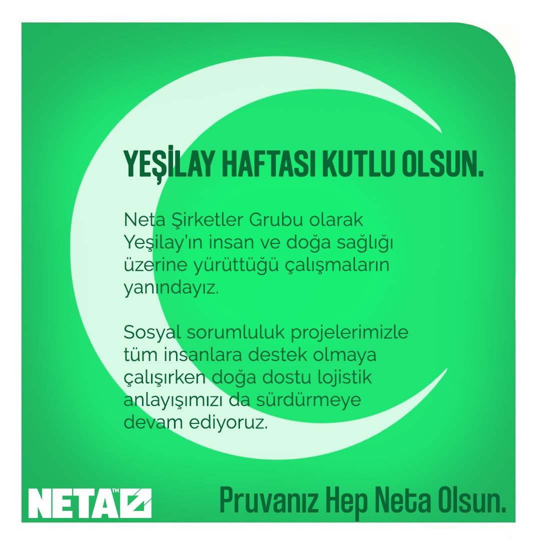 YEŞİLAY HAFTASI KUTLU OLSUN.

Neta Şirketler Grubu olarak Yeşilay’ın insan ve doğa sağlığı üzerine yürüttüğü çalışmaların yanındayız. Sosyal sorumluluk projelerimizle tüm insanlara destek olmaya çalışırken doğa dostu lojistik anlayışımızı da sürdürmeye devam ediyoruz.

#Yeşilay