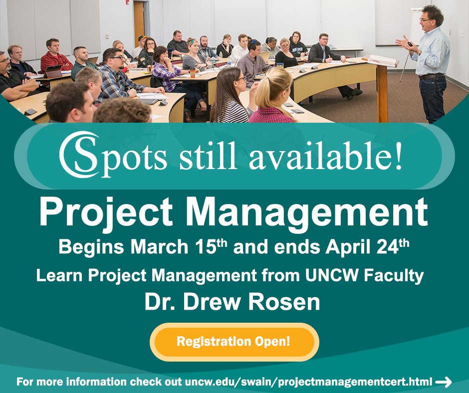 Learn Project Management from the comfort of your own home. Sign up today for the next Project Management Certificate program starting March 15th. Taught online by UNCW Faculty Dr. Drew Rosen.

Sign up at uncw.edu/swain/projectm…

#PMP #CAPM #projectmanagement #ExecEd #elearning