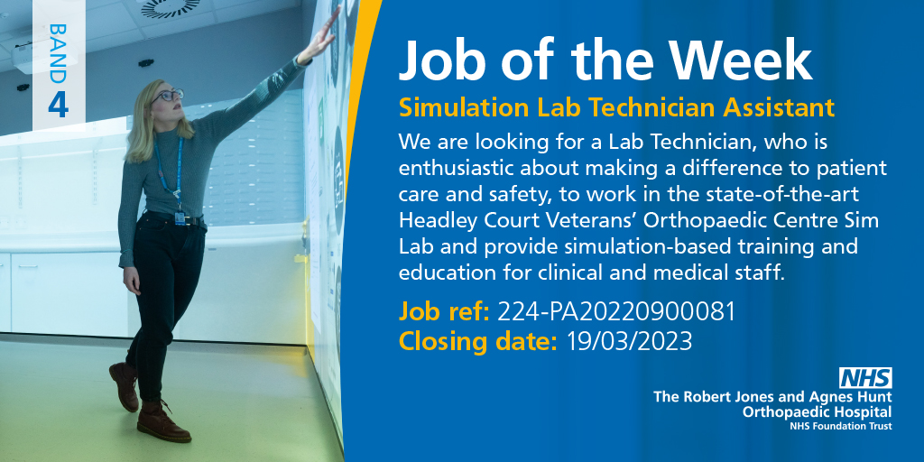 We're currently recruiting a Simulation Lab Technician Assistant to work in the Headley Court Veterans' Orthopaedic Centre. For more information, visit: beta.jobs.nhs.uk/candidate/joba…

To see all our current vacancies, visit: jobs.nhs.uk/cgi-bin/advsea…