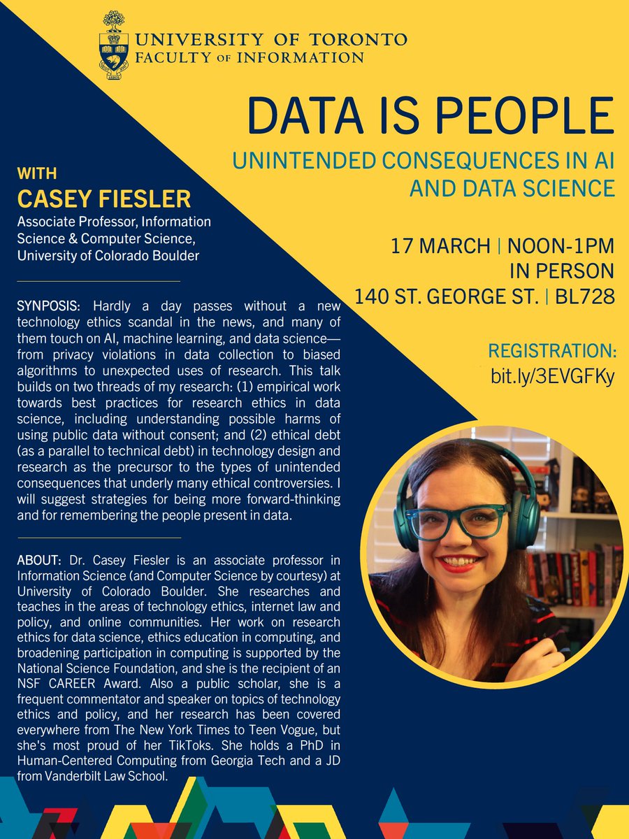 🗓️ Friday, March 17, 12:00 PM: Join SRI Faculty Affiliate <a href="/GuhaShion/">Shion</a> for a talk at <a href="/UofTInfoFaculty/">University of Toronto Faculty of Information</a> with Casey Fiesler (CU Boulder), "Data is People: Unintended Consequences in AI and Data Science."

Learn more and register: bit.ly/3EVGFKy