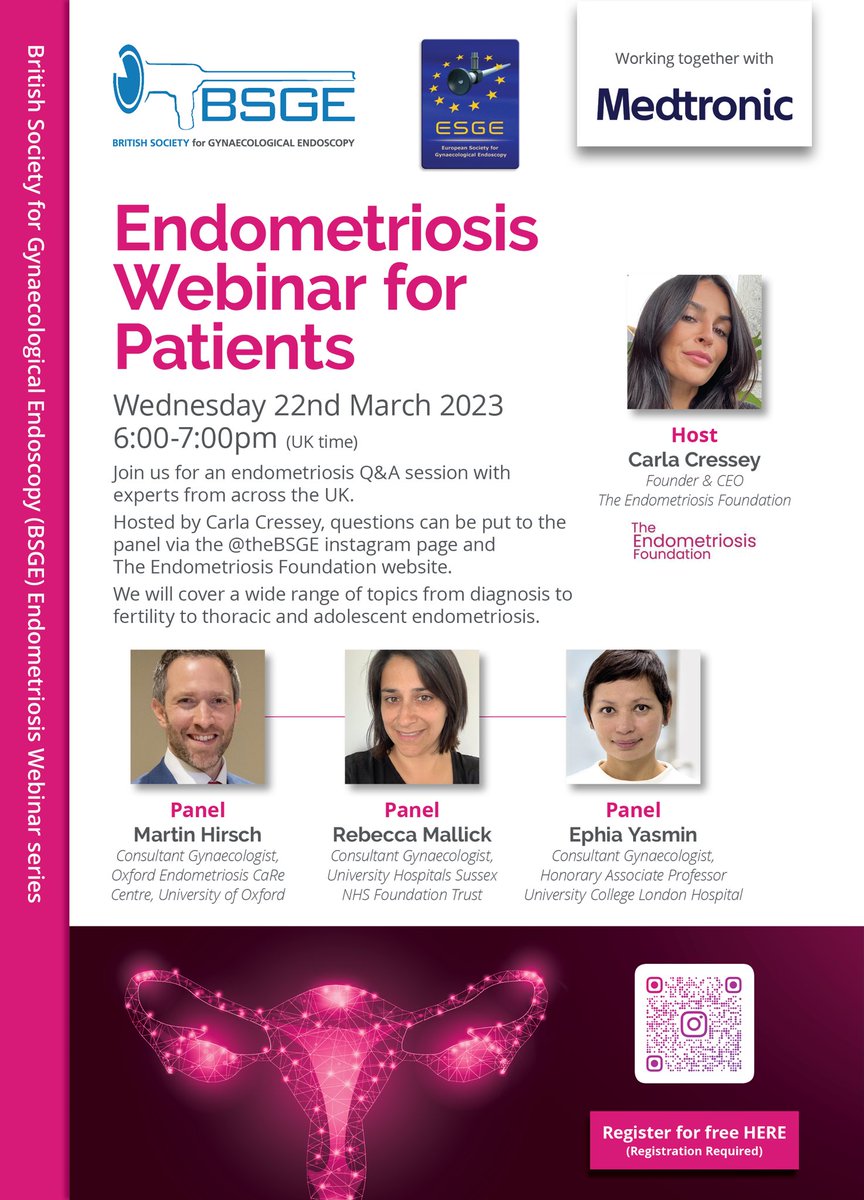 <a href="/TheBSGE/">BSGE</a> with <a href="/ESGEorg/">European Society of Gynaecological Endoscopy</a> are running an #endometriosis webinar for
patients. Join @CarlaCressy  from <a href="/theendofound/">The Endometriosis Foundation</a> on
Weds 22nd March 2023 at 6pm for an #endo Q&amp;A with a panel of panel of expert professionals.