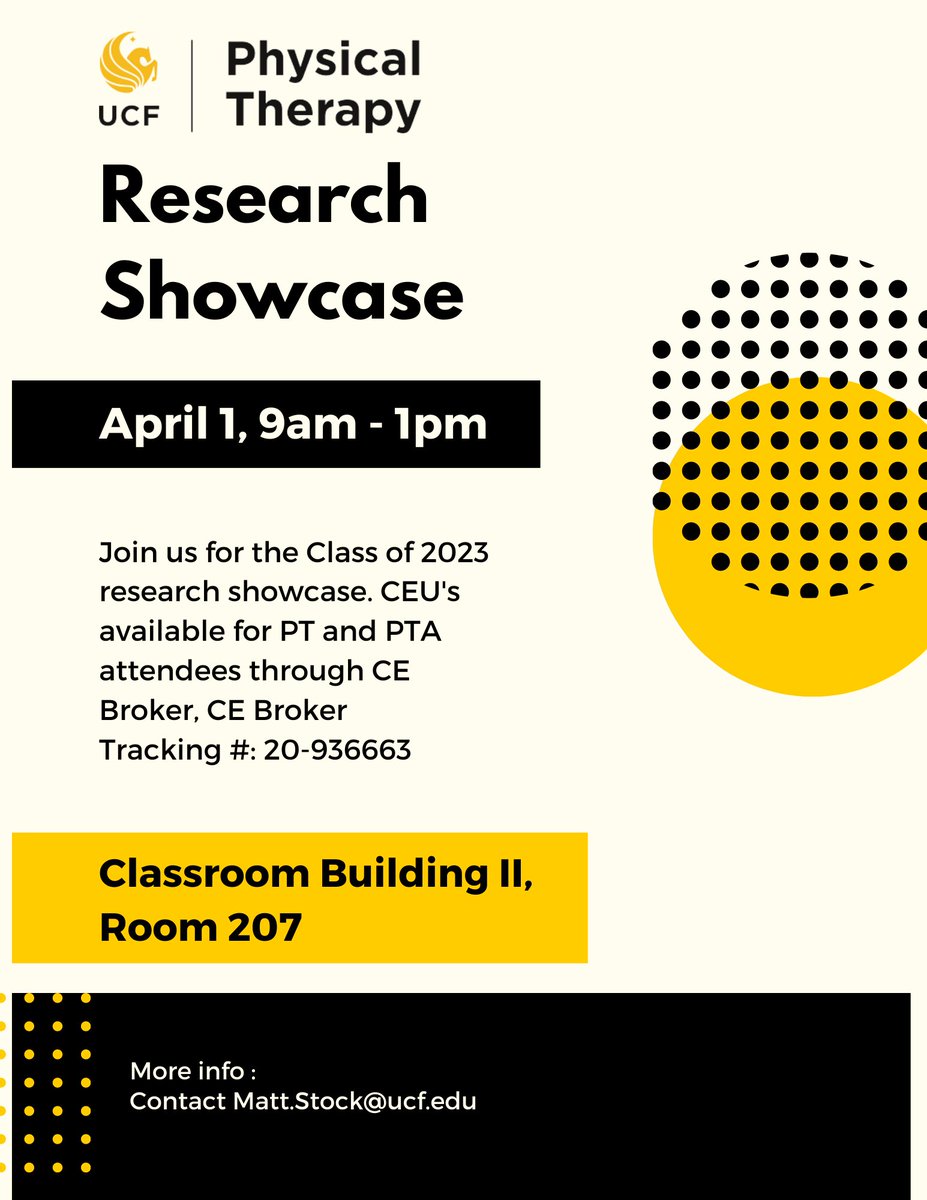 UCF_DPT's tweet photo. Add the DPT Research Showcase to your calendars now! Join us as the Class of 2023 presents their research findings. 4 CEU's available to PT's and PTA's. #whyUCFDPT https://t.co/1Jm6hFhacT
