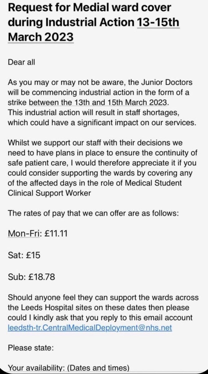 Desperate times as hospitals offer medical students £11 an hour to work on wards during the #JuniorDoctors strike: