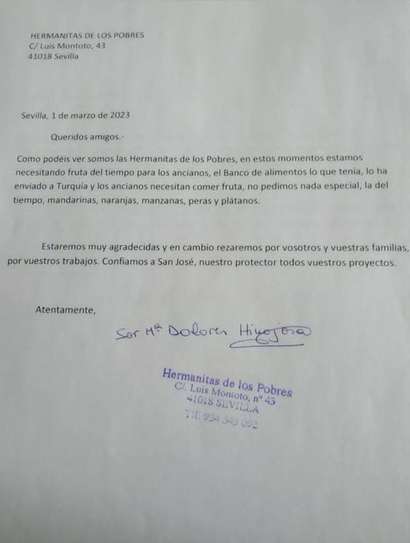 Tuiteros Sevillanos, las Hermanitas de los Pobres necesitan fruta para sus ancianos.
Ya estáis tardando.