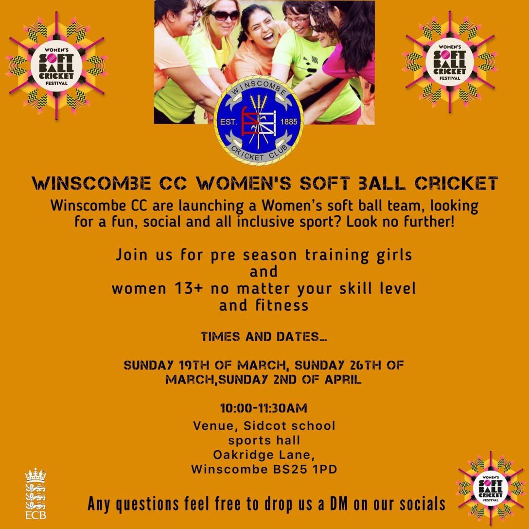 Winscombe Cricket Club 🏏 (@club_winscombe) on Twitter photo Not long Now till the First Soft ball Women’s training session! The first session 19th March!
After our announcement a few months ago about launching Women’s soft ball cricket, we can now confirm we are going ahead and have the first training session planned ⬇️⬇️⬇️
#UpTheCombe Not long Now till the First Soft ball Women’s training session! The first session 19th March!
After our announcement a few months ago about launching Women’s soft ball cricket, we can now confirm we are going ahead and have the first training session planned ⬇️⬇️⬇️
#UpTheCombe