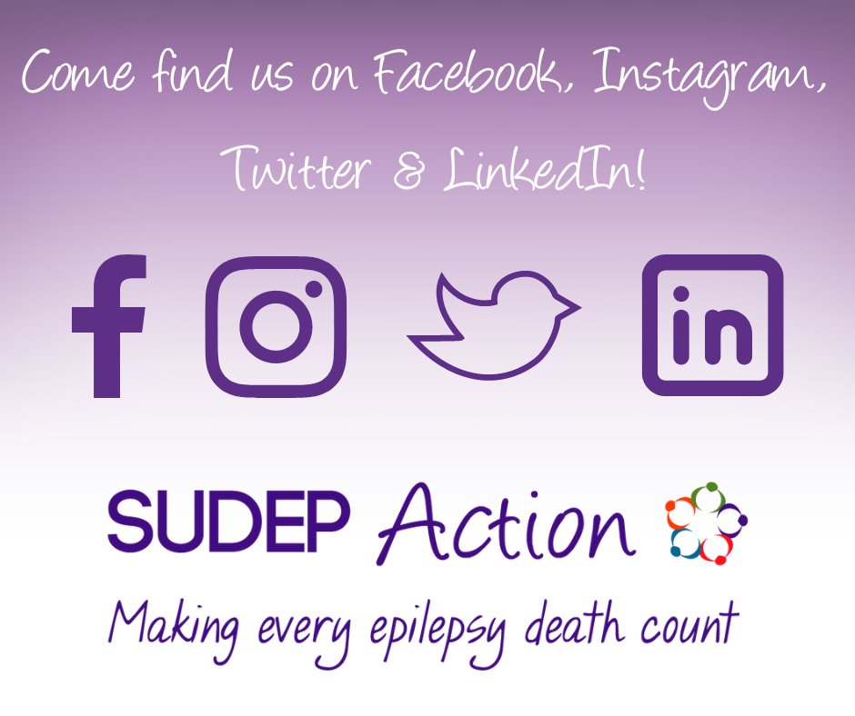 We are on Facebook, Twitter, Instagram and LinkedIn!
You can support us and get involved across any or all, of these channels.
Find us @sudepaction on all platforms apart from Facebook where we are @SUDEPAction.org