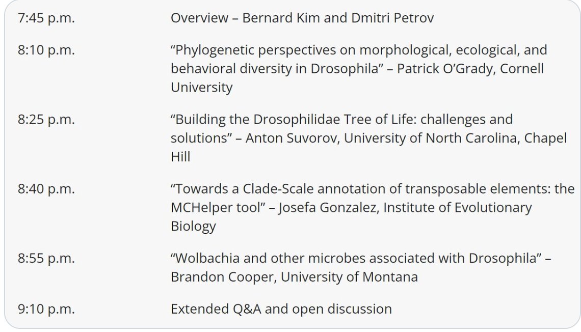 Dmitri Petrov (@petrovadmitri) on Twitter photo Have to miss #Dros23 for family reasons. Sad esp bc I will miss the workshop that I & <a href="/Bernard_Y_Kim/">Bernard Kim</a> organized on pop. genomics of all ~4K species of Drosophilidae. The vision is ~10 years old and I looked forward to the 1st public discussion. You shouldn't miss it! Fr7:45-9:45PM Have to miss #Dros23 for family reasons. Sad esp bc I will miss the workshop that I & <a href="/Bernard_Y_Kim/">Bernard Kim</a> organized on pop. genomics of all ~4K species of Drosophilidae. The vision is ~10 years old and I looked forward to the 1st public discussion. You shouldn't miss it! Fr7:45-9:45PM