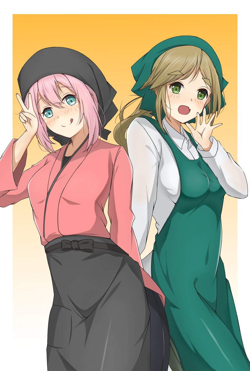 inuyama aoi ,kagamihara nadeshiko multiple girls 2girls pink hair apron green eyes head scarf tongue  illustration images