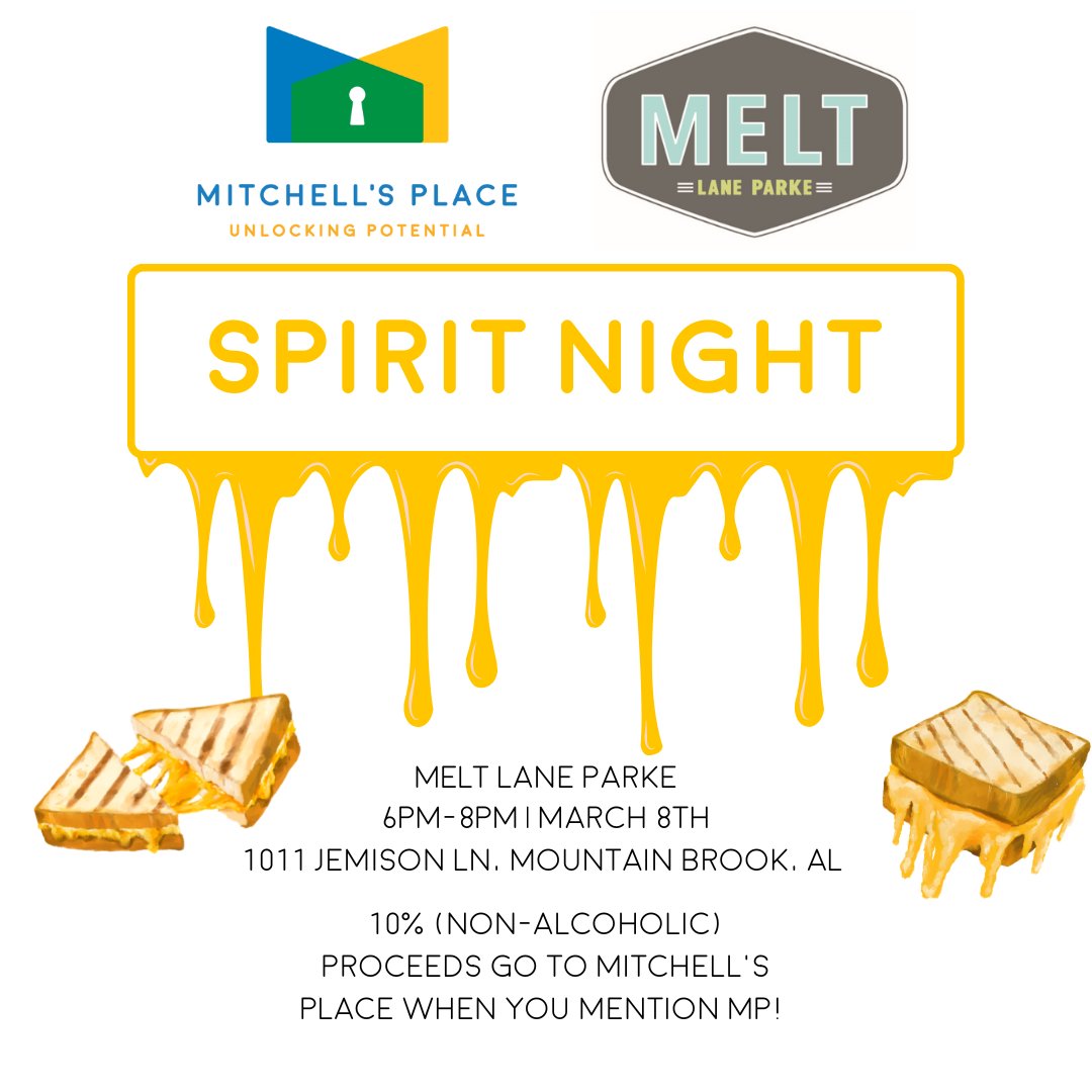 Join us Wednesday, March 8th for a Mitchell's Place Spirit Night at MELT Lane Parke from 6-8pm!!

Mention MP while dining in, and 10% of proceeds will directly support Mitchell's Place. ☺️

We hope to see you there!