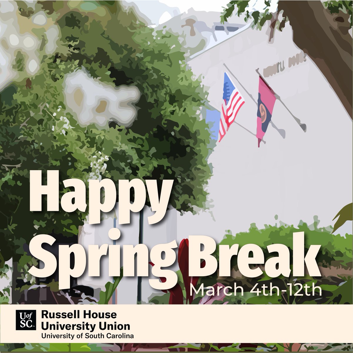 Russell House University Union wants to wish everyone a happy spring break! We will operating on limited hours this week.