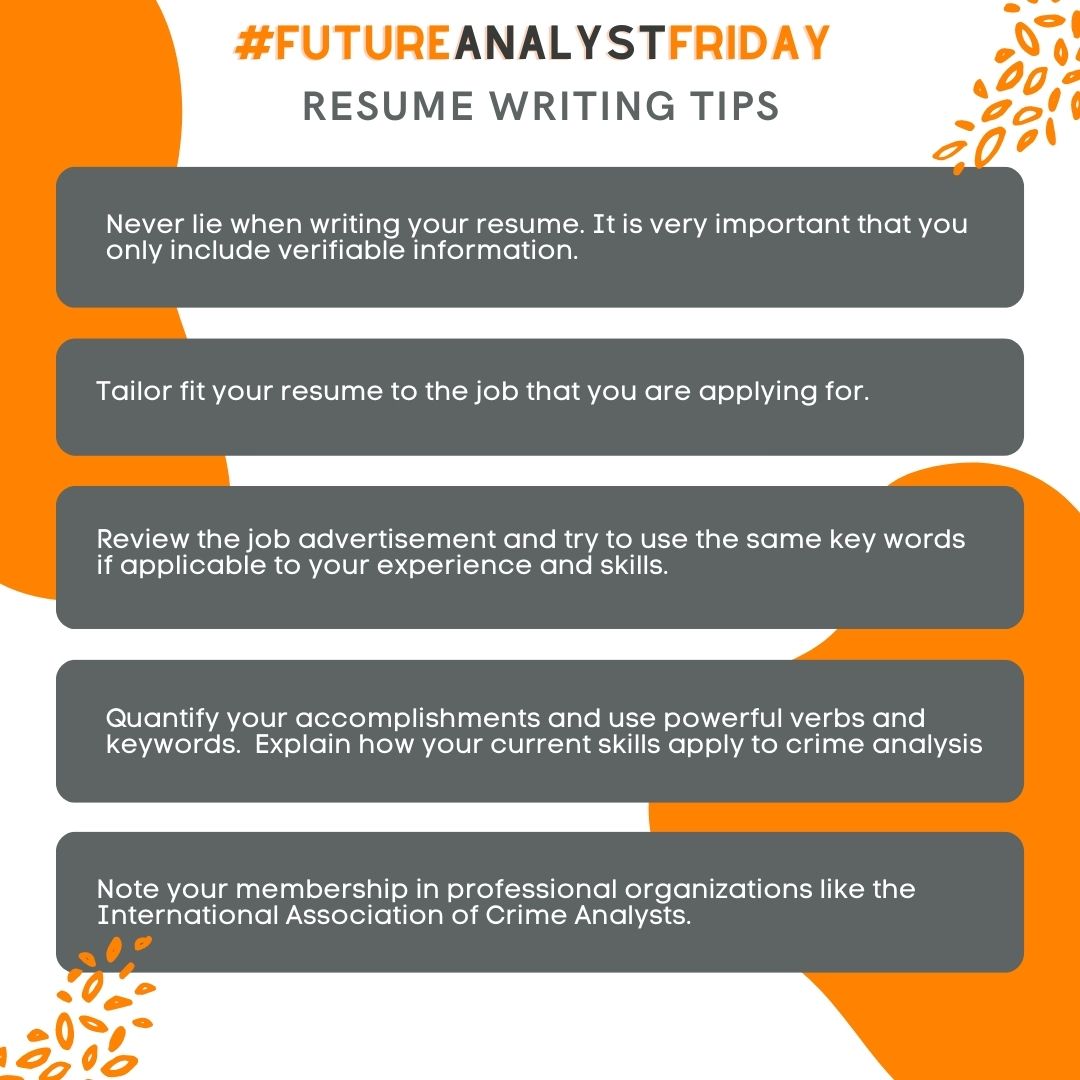 crimeanalysts's tweet image. #FutureAnalystFriday time! Your weekly tip on getting those coveted #crimeanalyst and #intelligenceanalyst jobs. Today we share some #resumewriting tips. Please comment below if you have any do&apos;s or don&apos;ts when it comes to resumes and for more help, visit iaca.net/hiring-an-anal…