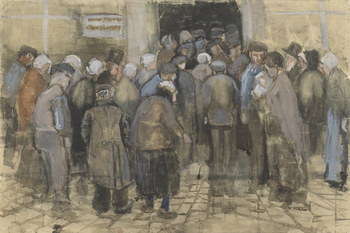 Being poor and spending your hard-earned money on a lottery ticket… Vincent was moved by the vain hope of these shabbily dressed 'poor souls', as he called them. The sign on the wall says ‘Drawing for national lottery today’. He called this painting The Poor and Money'. 💸