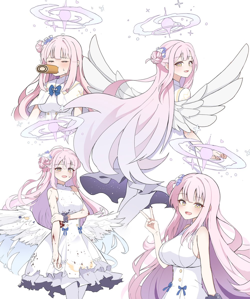 mika (blue archive) 1girl wings pink hair long hair dress halo multiple views  illustration images