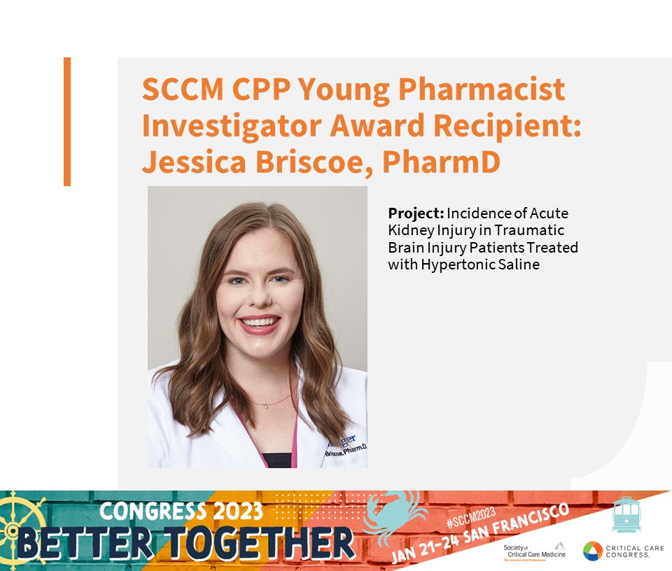 The SCCM CPP Excellence in Patient Safety Young Pharmacist Investigator Award recognizes an individual in the beginnings of their pharmacy career whose research or quality initiatives positively impacts patient safety. 

Congratulations to Dr. <a href="/JesseBPharmD/">Jesse Briscoe, PharmD, BCCCP</a>! 👏👏👏

#PharmICU