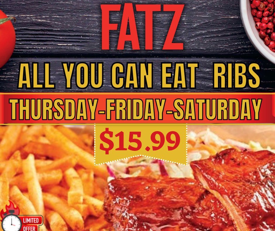 ALL-YOU-CAN-EAT RIBS ARE NOW OFFERED ON THURSDAYS, FRIDAYS &amp; SATURDAYS FOR JUST $15.99! Available for a Limited Time Special at all 19 Locations fatz.com/locations  #fatz #weekend #allyoucaneat