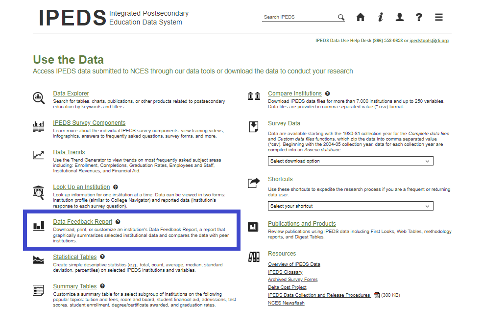 ipeds_nces's tweet photo. Attn #EdResearchers: Generate a report that graphically summarizes selected institutional #HigherEdStats & compares the data w/ peer institutions using the IPEDS Data Feedback Report #DataTool!
Find it, along with the rest of the IPEDS data tools, here: https://t.co/JmxXqgUZh3 https://t.co/t428h9Y21J