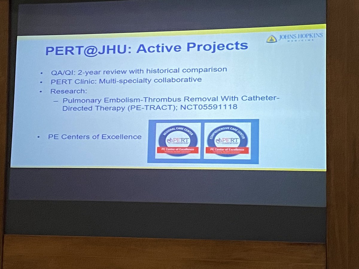 elliotthaut's tweet photo. Pulmonary Embolism Response Team (PERT) implementation at @HopkinsMedicine by @todd_kolb at #JHMVTE Symposium @PERTConsortium @RosovskyRachel

Key takeaway is the multidisciplinary approach when marking #PE #BloodClot recommendations. #BCAM https://t.co/7O83SJyLJL