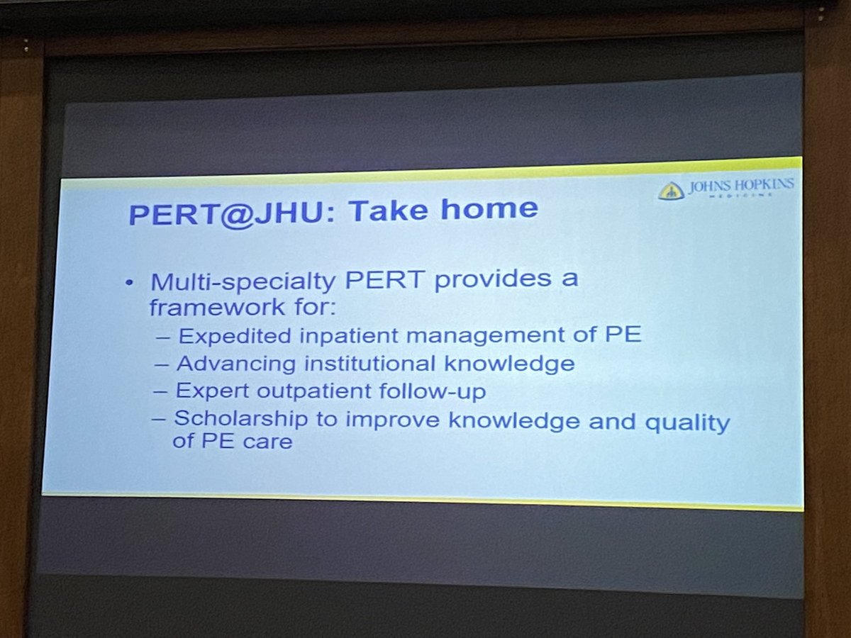 Pulmonary Embolism Response Team (PERT) implementation at <a href="/HopkinsMedicine/">Johns Hopkins Medicine</a> by <a href="/todd_kolb/">Todd Kolb</a> at #JHMVTE Symposium <a href="/PERTConsortium/">The PERT Consortium®</a> <a href="/RosovskyRachel/">Rachel Rosovsky</a>

Key takeaway is the multidisciplinary approach when marking #PE #BloodClot recommendations. #BCAM