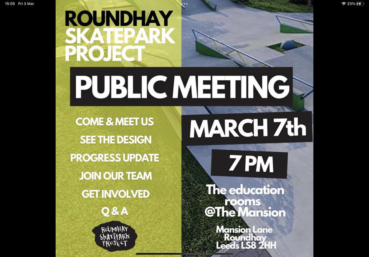 Skatepark Project information below for the new plans at Roundhay Park <a href="/roundhaypark/">RoundhayPark</a>. If you are free - head on down!