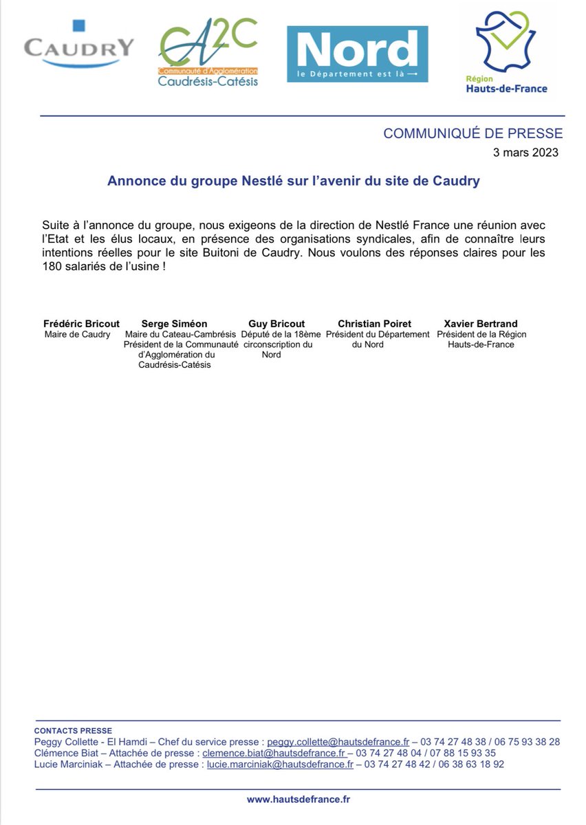 Suite à l’annonce de <a href="/NestleFr/">Nestlé France</a>, nous exigeons de la direction du groupe une réunion avec l’État, les élus locaux et les organisations syndicales, afin de connaître leurs intentions pour le site Buitoni de Caudry. 

Nous voulons des réponses claires pour les salariés de l’usine !