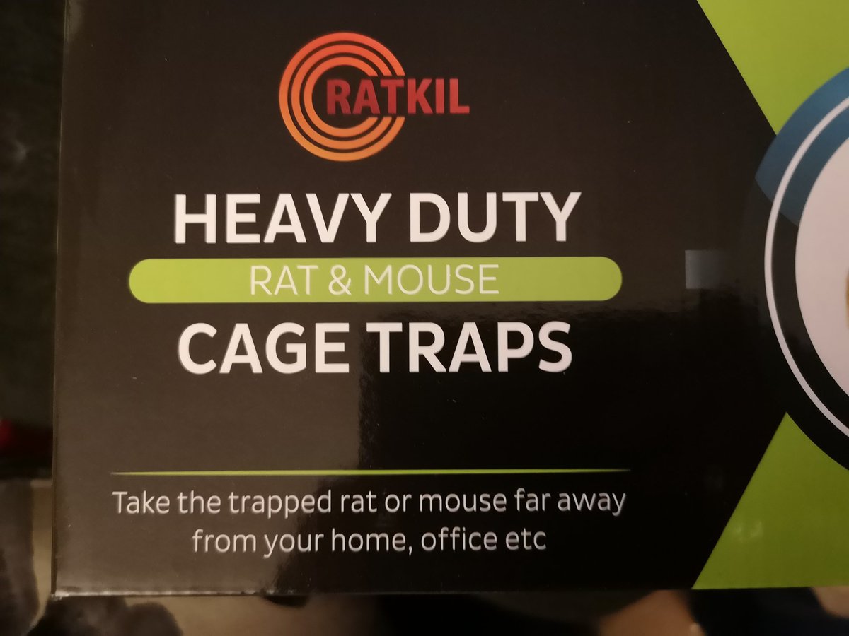 The neighbours recently made me aware of their localised rat infestation. Shortly thereafter I found a huge rat scampering out of the catflap in my kitchen. I've acquired this tastefully branded humane solution with its on point advice 🤣