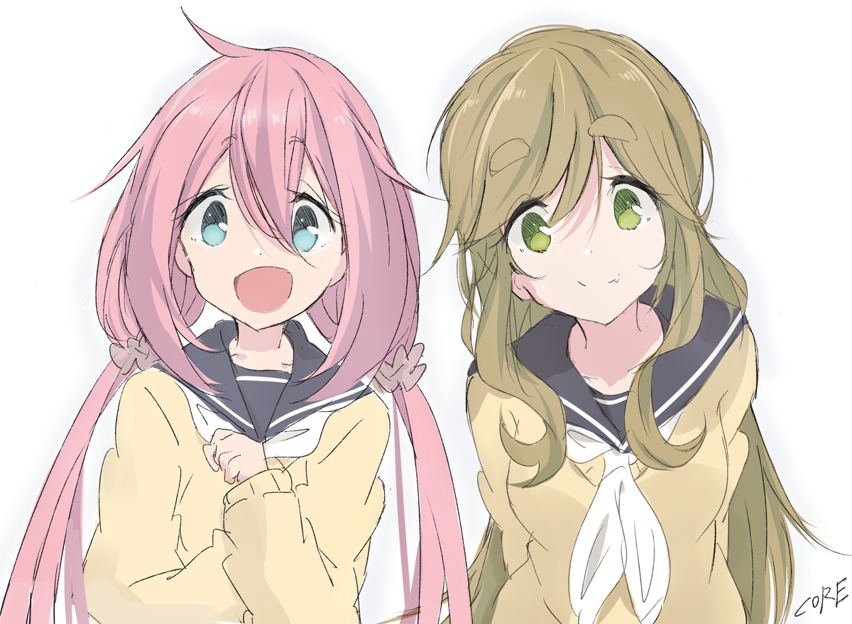 inuyama aoi ,kagamihara nadeshiko motosu school uniform multiple girls 2girls pink hair school uniform green eyes long hair  illustration images