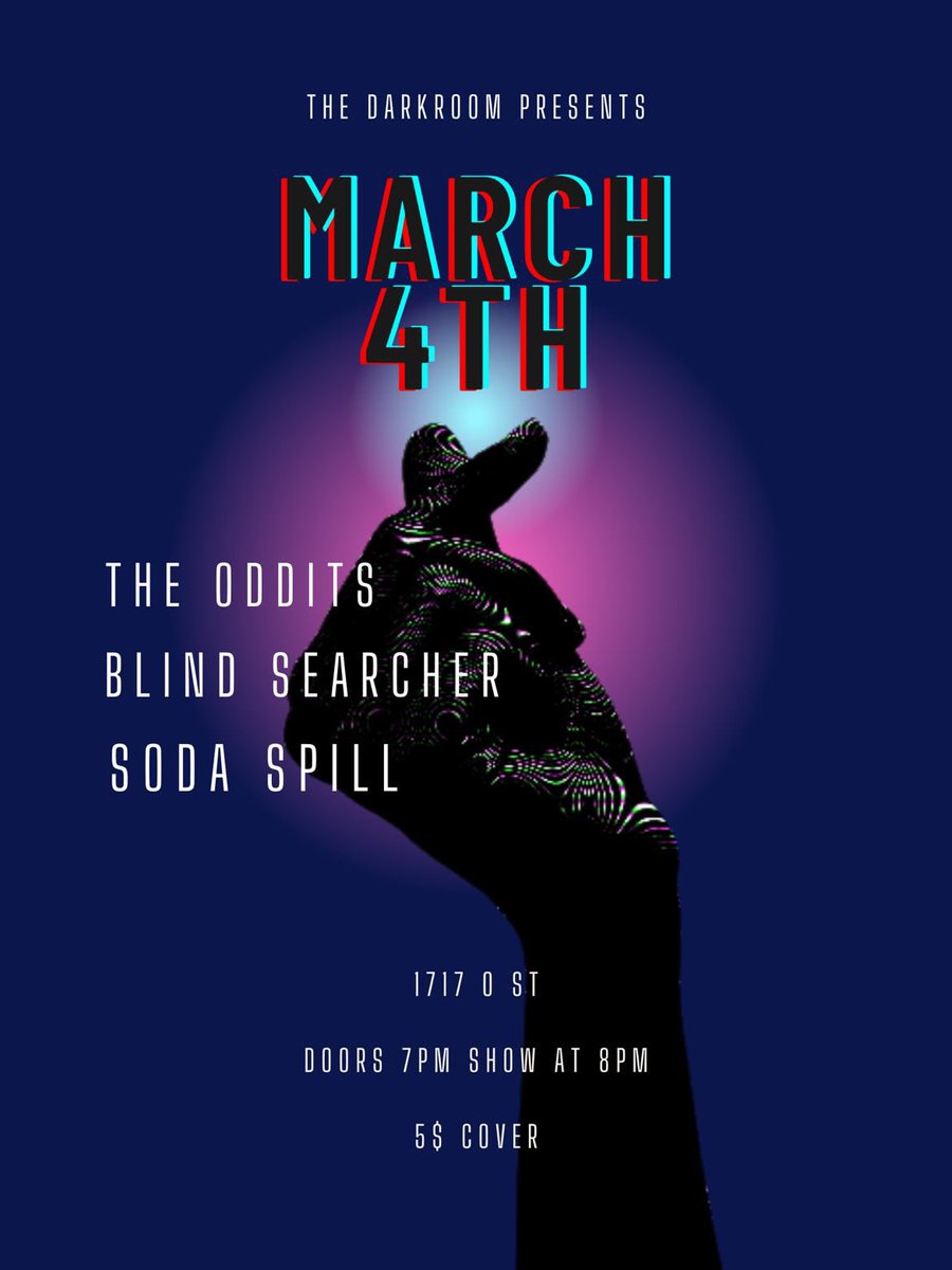 mfsodaspill's tweet photo. Pop up show TOMORROW NIGHT with local bands @blindsearcher &amp; @officialoddits at @_the._.darkroom_ in Lincoln! Show at 8pm, $5 cover at the door. https://t.co/BRRcNmZJhI