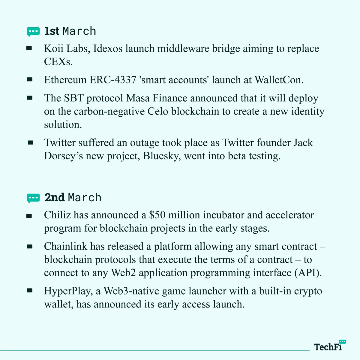 Techfi_Info's tweet image. 📌 During the first week of March 2023, there has been much tech and market news about the crypto industry.

We get news from @ethereum, @chainlink, @0xPolygon, and other big names. 

📍 Let’s keep up-to-date with the latest news with TechFi in this week’s Tech News!!