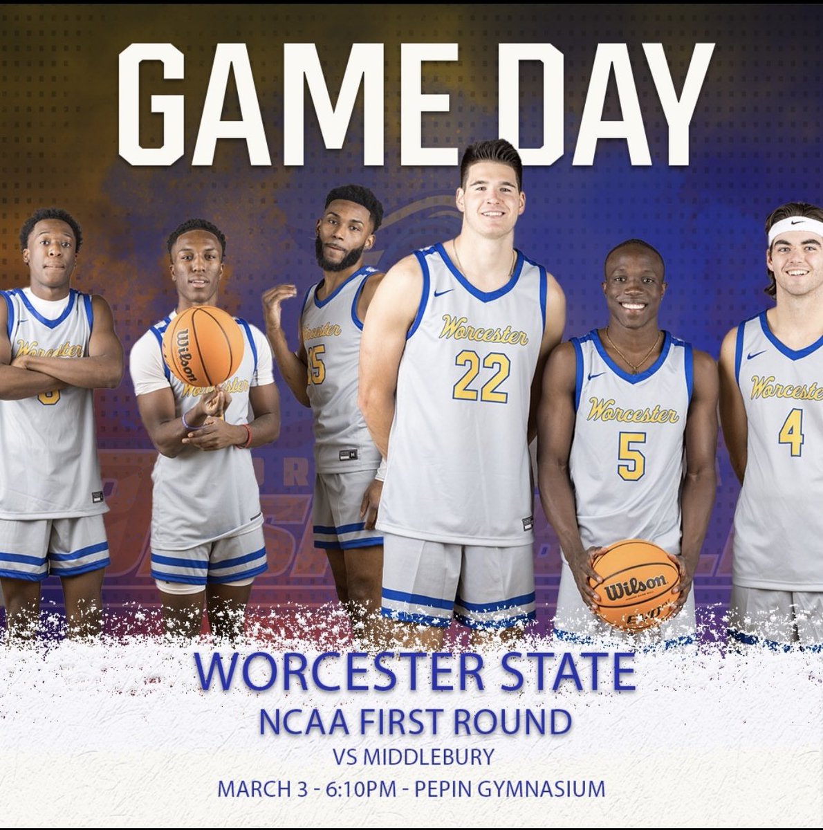 WorcesterMBB's tweet photo. NCAA First Round!

🆚 Middlebury College
🏟️ Pepin Gymnasium 
📍 Middlebury, Vermont. 
⏰ 6:10 PM
📺 https://t.co/zfl2dD21Sm

#WeAreWorcester⚔️ | #D3Hoops https://t.co/IpxTrrw7Zf