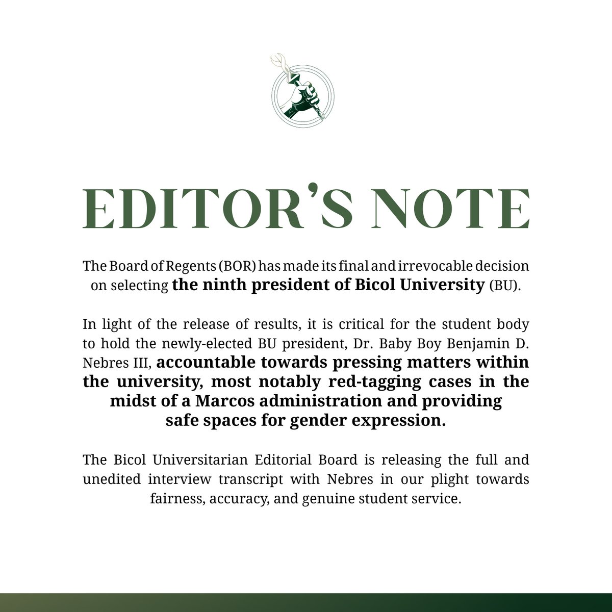In light of the release of results, it is critical for the student body to hold the newly-elected BU president, Dr. Baby Boy Benjamin D. Nebres III, accountable towards pressing matters in the midst of a Marcos administration.

READ: tinyurl.com/23x4w56u

#BUPrexy2023