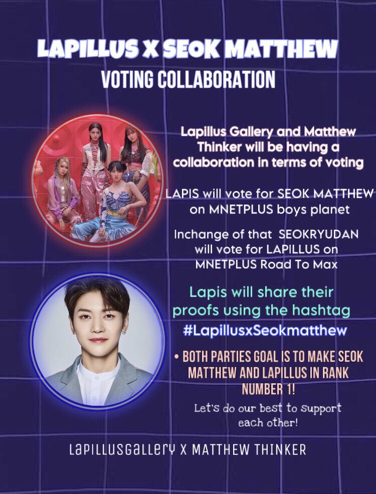lapillusgallery's tweet photo. LAPILLUS x BOYS PLANET MATTHEW Collaboration

LAPIS we have decided to collab with @0528thinkr in terms of voting.

We are looking forward for both parties to participate and cooperate with each other.

#Lapillus #라필루스 #BOYSPLANET https://t.co/ZnpvOEWnCl