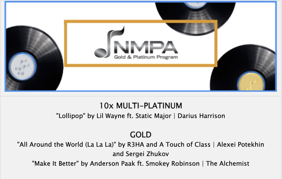 RoynetMusic's tweet image. .@NMPAorg announced the #Gold and #Platinum songwriters and certifications for the fourth quarter of #2022! We share a round of applause for the following #MultiPlatinum and Gold records! 📀💿📀 @Alchemist

Listen to "Lollipop"
ow.ly/Xnq350MR2IM