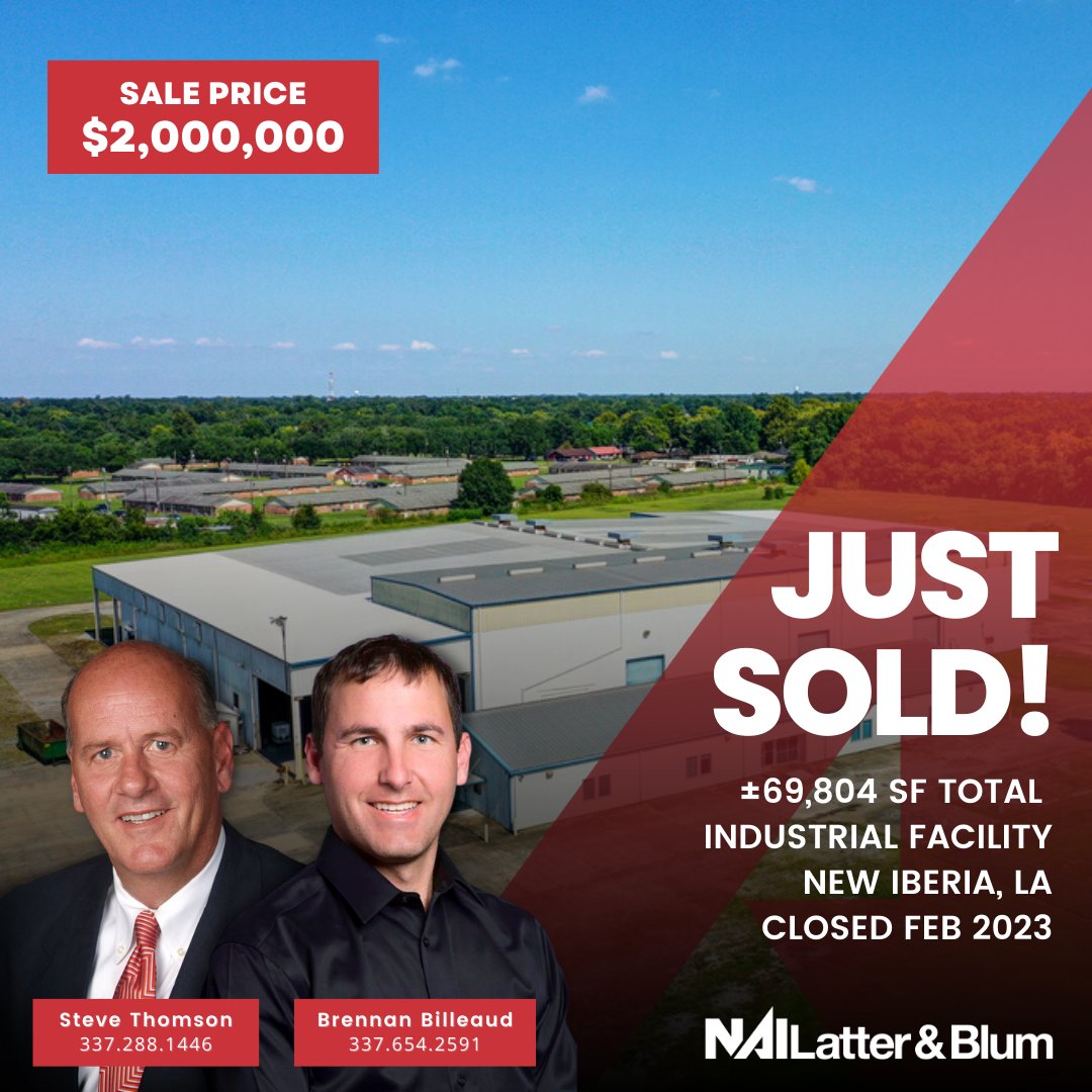 💥Just Sold💥 Congratulations to Brennan Billeaud and Steve Thomson on their recent sale of ±70,000 SF industrial facility in New Iberia, Louisiana! Good work, gents! 👏👏
•
•
#cre #industrial  #nailatterblum #naiglobal #louisiana