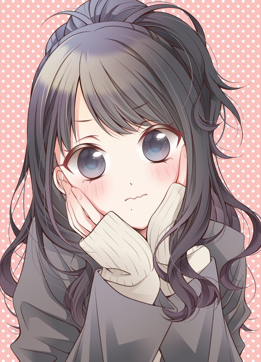 kazano hiori 1girl solo hands on own face black hair mole under mouth mole blush  illustration images