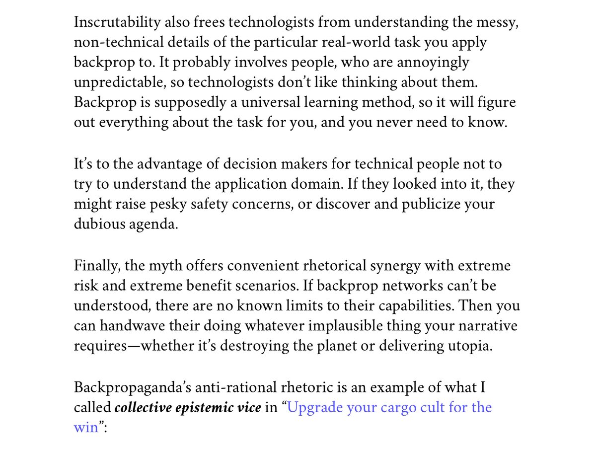 Engineers have a moral responsibility to know what the things they build can do and how and when and why. Companies selling products to the general public, and government agencies using them, have the same responsibility. Backpropaganda helpfully obfuscates that.