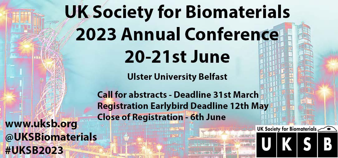 We will be hosting the Annual UK Society for Biomaterials Conference at the new Belfast campus of the University of Ulster (20-21 June 2023). Abstract submission is now open (closes 31st March). All details on the event can be found at UKSB.org.uk <a href="/UKSBiomaterials/">UKSB</a>
