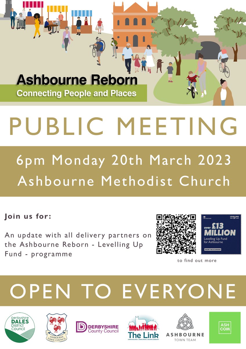 SAVE THE DATE! Everyone is welcome to attend the first #AshbourneReborn public meeting at the Methodist Church on Monday 20 March 👍

Find out more about the £15m #LevellingUp project at derbyshiredales.gov.uk/ashbourne-rebo…