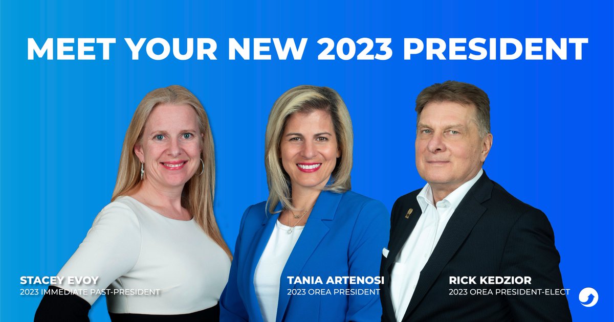 We are excited to announce that <a href="/taniaartenosi/">Tania Artenosi</a> is the new 2023 President of OREA! 

She will be joined by Rick Kedzior, who was elected as 2023 President-Elect. 

Thank you <a href="/StaceyEvoy/">Stacey Evoy</a>, Immediate Past-President for your hard work over the last 12 months! 

orea.com/resources/medi…