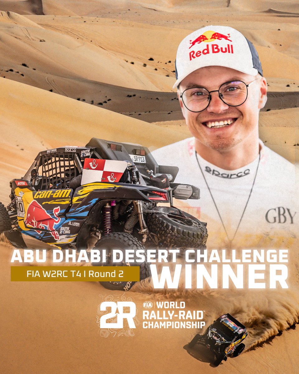 🏆 @RBaciuska and Oriol Vidal win the Abu Dhabi Desert Challenge in T4! Thanks to their victory, they move to the top of the FIA W2RC T4 standings! 🔝 #W2RC #FIA #ADDC #RallyRaid #winner